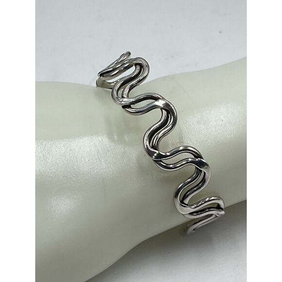 Stamped .925 Sterling Silver Intertwined Wavy Squiggles Artisan Cuff Bracelet - Picture 3 of 9